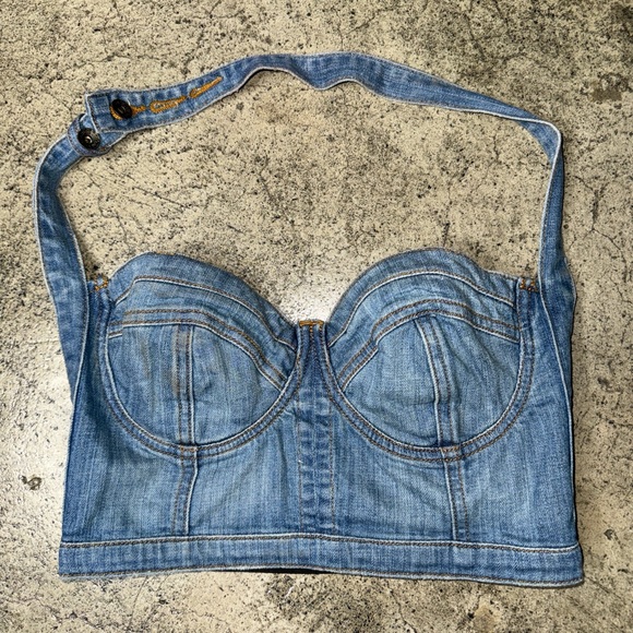 Guess denim crop bustier structured halter top size S - Picture 1 of 8